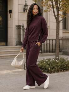 DAXIDA Women's Elegant Burgundy High Neck Long Sleeve Top And Pants Two-Piece Set, Warm Lined High Stretch Casual Fall Winter Outfit - 玫紅色 - 查看 1