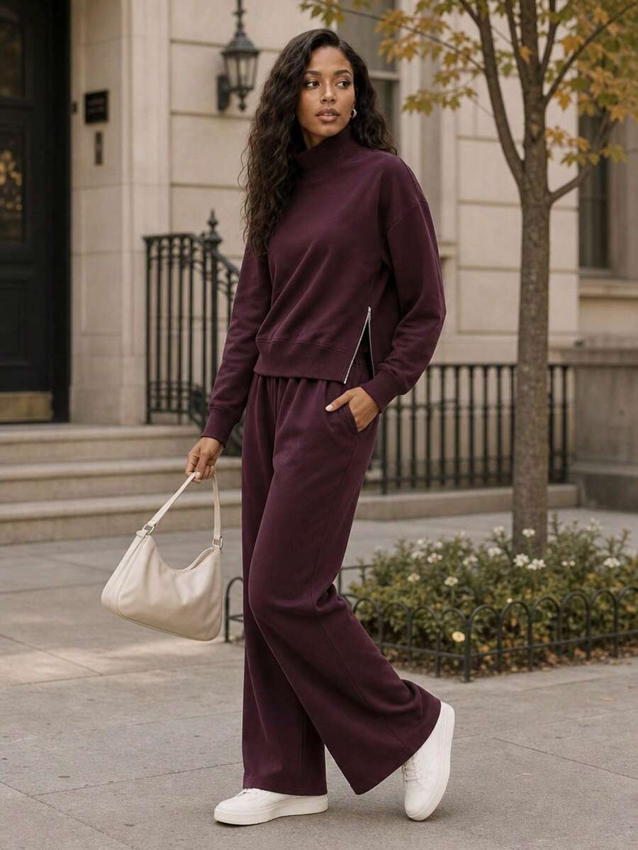 DAXIDA Women's Elegant Burgundy High Neck Long Sleeve Top And Pants Two-Piece Set, Warm Lined High Stretch Casual Fall Winter Outfit - 玫紅色 - 查看 1