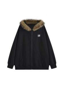 Women's Plush Hooded Casual Daily Long Sleeve Sweatshirt - Black - View 5