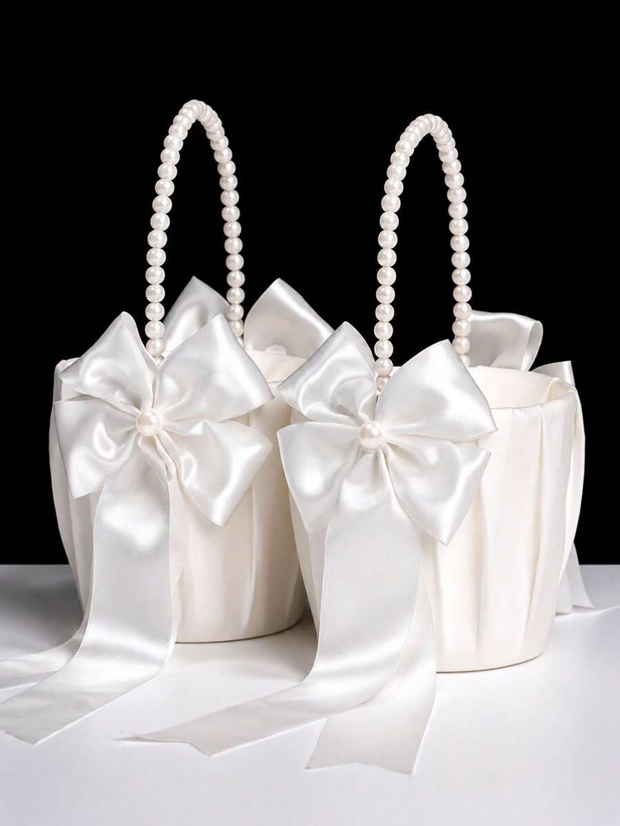 2pcs Wedding Flower Girl Baskets, Satin Material, With Cute Pearl Handle And Bow, Suitable For Wedding Ceremony, White