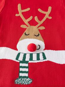 Young Girl Cute Christmas Reindeer Jacquard Knit Crew Neck Pullover Sweater Long Sleeve, Suitable For Daily Wear, Party, Spring, Autumn, Winter - Red - View 4