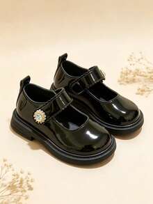 1 Pair Girls' Solid Black Academy Style Mary Jane Flat Shoes, Lightweight Non-Slip Campus Oxford Shoes, Back To School Black Shoes For Girls, Round Toe Flat Low-Top Hook And Loop Black School Shoes, Elegant Shoes For Girls, Classic Black Tone Suitable For Campus Outfits, Outdoor, Formal Wear, Daily Outings And More, Creating A Clean And Proper Academy Girl Look - Black - View 2