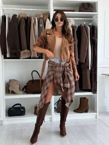 Fashion Casual Autumn/Winter Leather Fleece Collar Long Sleeve Commuter Zipper Short Jacket - Khaki - View 1
