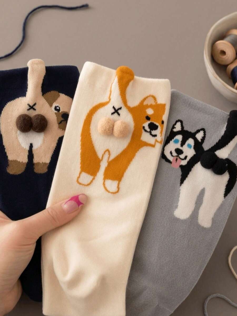 3/2/1 đôi tất cổ trung phong cách học đường họa tiết cún con hài hước ngẫu nhiên, unisex, thường ngày, đi làm, tiệc tùng, quà tặng - Nhiều màu - Xem 1