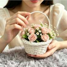 1pc Cute Mini Handmade Woven Rattan Flower Basket With Handle, Decorative Floral Container, Suitable For Fresh/Artificial Flower Arrangement, Wedding Table Centerpiece, Desk Ornament, Birthday Gift Basket, Party Indoor Home Photography Decoration Small Display Basket - Faux Rattan Woven Basket - View 2