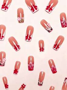 Transform Your Nails With This 24pcs/Set Y2K Sweet Cool Hot Girl Style Medium-Long Coffin Press-On Nails Manicure Supplies, Featuring A Sweet Pink Leopard Print French Gorgeous 3D Flower Rhinestone Embellished Design, - Multicolor - View 3