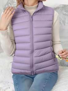 Women's Lightweight Stand Collar Short Zip-Up Vest, Slim Fit Sleeveless Warm Outerwear For Commuting, Autumn/Winter Layering Essential! - Purple - View 2
