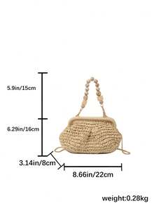 Women's Natural Straw Woven Shell-Shaped Clasp Handbag With Marble Bead Handle And Detachable Chain Shoulder Strap, Suitable For Summer Beach Vacation And Casual Use - White - View 7