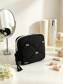 Black Quilted White Bow Embroidery Cosmetic Bag For Women Multi-Size Zipper Makeup Organizer Pouches With Handheld Case Travel Toiletry Storage Bags - Black - View 16