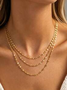 Fashion 3-Layer Women's Necklace, Delicate Thin Shiny Oval Chain Stackable Layered Necklace, Minimalist Stainless Steel Multi-Layer Neck Jewelry, Daily Party Gift - Yellow Gold - View 3