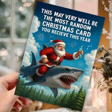 [Christmas Shark Greeting Card] 1pc Unique & Fun Christmas Card - Santa Riding A Shark With Test Tubes, Perfect For Science Enthusiasts, Friends And Colleagues, Holiday Greetings, Featuring Christmas Hat And Glasses Design, Ideal For Christmas Celebrations - Sets - View 3