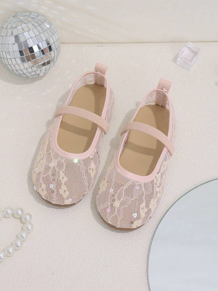 1 Pair Pink Kids Lace Mesh Mary Jane Slip-On Shoes With Random Floral & Striped Design For Ball, Shopping, School And More, 2026 New Style - Pink - View 1
