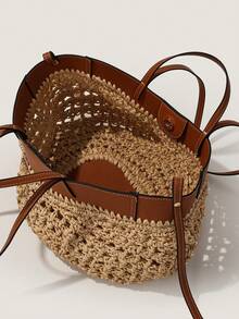 1pc Woven Patchwork Tote Bag, Raffia Straw & PU Leather Contrast Design, Handmade Summer Beach Bag Suitable For Vacation, Commute, Daily Use, Can Hold Phone, Wallet, Keys, Cosmetics, Umbrella, Suitable As Birthday Gift, Holiday Gift, Bestie Gift, Travel Companion - Brown - View 10