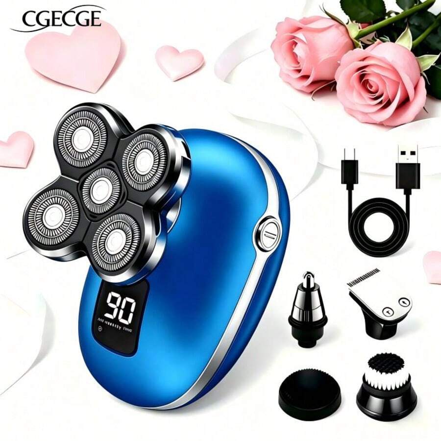 CGECGE Electric Shaver, Electric Bald Head Shaver, Rotary Shaver, IPX6 Waterproof, Wet And Dry Use, Easy To Clean, Contour To The Face, Floating Head, Screen Display, Type-C Charging, Underarm, Leg, Arm, Body Hair Removal Tool, Holiday Gift. - 藍色套裝 - 查看 1