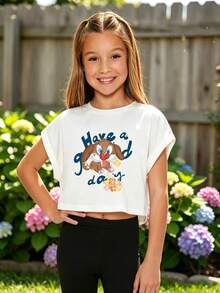 Tween Girls'  Cotton Cropped Cuffed Sleeve Tee, Graphic Print,  Cute Sweet Preppy Girl Style - White - View 3