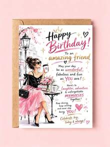 1pc Birthday Card With Envelope - "Happy Birthday To An Amazing Friend" Chic Fashion Illustration Greeting For Female Bestie, Birthday Celebration Gift, Blank Inside - View 2