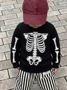Boys Streetwear Halloween Skeleton Graphic Knit Pullover Sweater, Suitable For Halloween, Autumn And Winter - Black - View 7