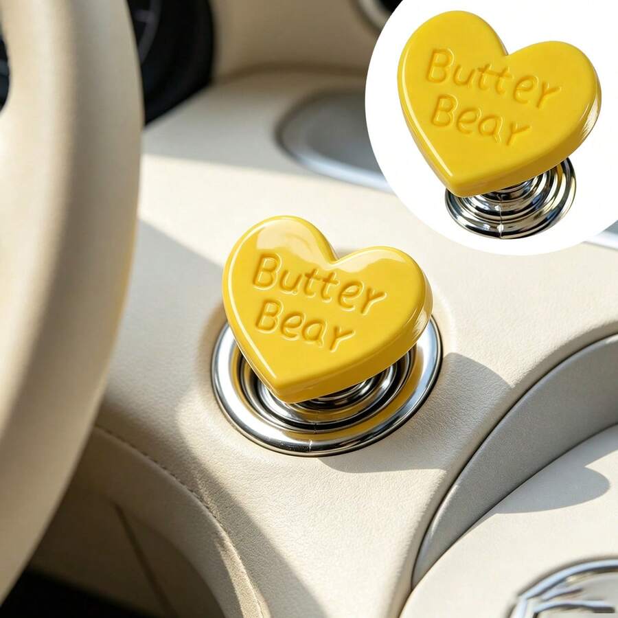Car Modification Accessory Butter Bear Yellow Heart One-Touch Start Button Cover, Cute Girl Style Car Interior Ignition Switch Protector Sticker, Universal Car Interior Modification Part - Butter Heart Start Button - View 1
