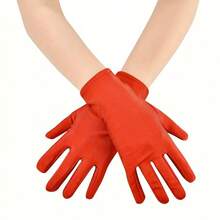 1 Pair Red Women's Short Satin Gloves, Evening Party Gloves - Red - View 3