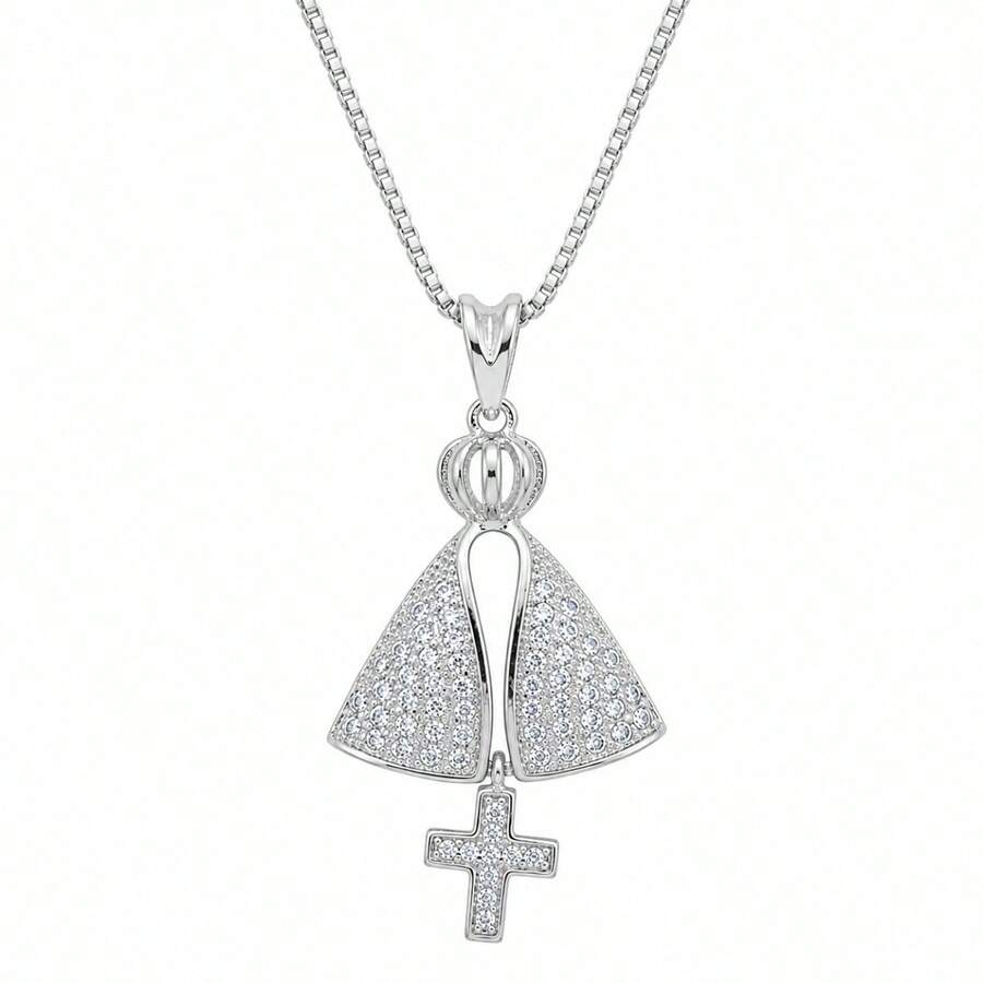 Colar Nossa Senhora Aparecida Folheado a Ouro com Zircônias Azuis e Pingente de Cruz Feminino - prata crucifixo - Visão 1