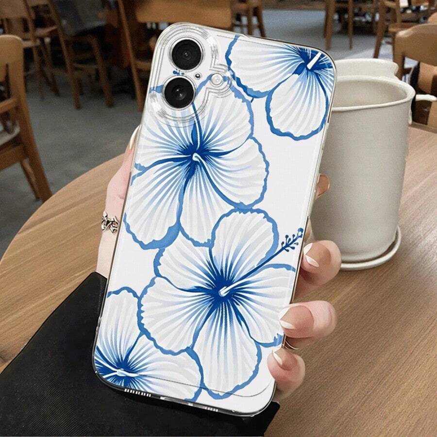 1pc Ins Style Fresh Hibiscus Flower Leaf Solid Color Pattern Space Shell Anti-Slip Soft Phone Case Compatible With IPhone 11/12/13/14/15/16 Pro Max - Multicolor - View 1