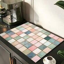 1pc Colorful Plaid Print Absorbent Draining Mat, Kitchen Decor Coffee Machine Mat, Handmade Coffee Pot Draining Mat, Kitchen Floor Mat, Dining Table Mat, Kitchen Countertop Dish Draining Mat, Breakfast Mat, Heat-Resistant Draining Mat, Non-Slip Backing Coaster, Washing Machine Mat, Diatomaceous Earth Draining Mat, Stain Concealing, Kitchen Super Absorbent Draining Mat, Easy To Clean, Dish Rack Mat, Perfect For Kitchen, Dining Table, Cafe, Bar, Holiday Party And Home Decor, Ideal Holiday Gift - Multicolor - View 5