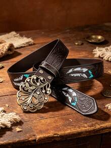 1pc Bohemian Hollowed Out Floral Buckle With Painted Feather Print PU Belt, Available In Brown And Burgundy Colors, Suitable For Travel Wear, Unisex - Multicolor - View 7