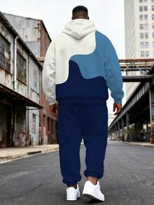 Men's Street Casual Minimalist Series "Wave Pattern Colorblock Patchwork And Trident" Plus Size Hoodie Sweatshirt Set Spring Autumn Winter Sports 2 Pieces Set - Ins Style Loose Fit Plus Size Comfortable Relaxed Fit Hoodie + Jogger Pants Street Hip Hop Versatile - Multicolor - View 2