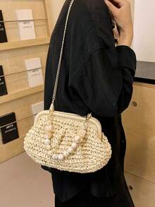 Women's Natural Straw Woven Shell-Shaped Clasp Handbag With Marble Bead Handle And Detachable Chain Shoulder Strap, Suitable For Summer Beach Vacation And Casual Use - White - View 6