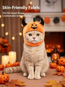 1pc Pet Halloween Pumpkin Hat With Devil Horns, Adjustable Chin Strap Cute Pumpkin Headwear Costume Accessory, Soft Plush Party Hat For Small Medium Cats Dogs, Halloween Cosplay Holiday Photo Props - Multicolor - View 1