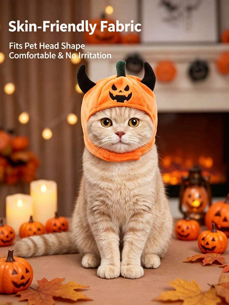 1pc Pet Halloween Pumpkin Hat With Devil Horns, Adjustable Chin Strap Cute Pumpkin Headwear Costume Accessory, Soft Plush Party Hat For Small Medium Cats Dogs, Halloween Cosplay Holiday Photo Props - Multicolor - View 1