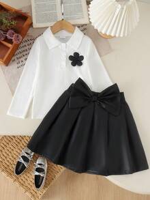 2pcs Young Girls Minimalist Premium 3D Floral Decor Long Sleeve POLO Shirt & Large Bow Leather Pleated Mini Skirt Set, Spring/Autumn - White - View 4