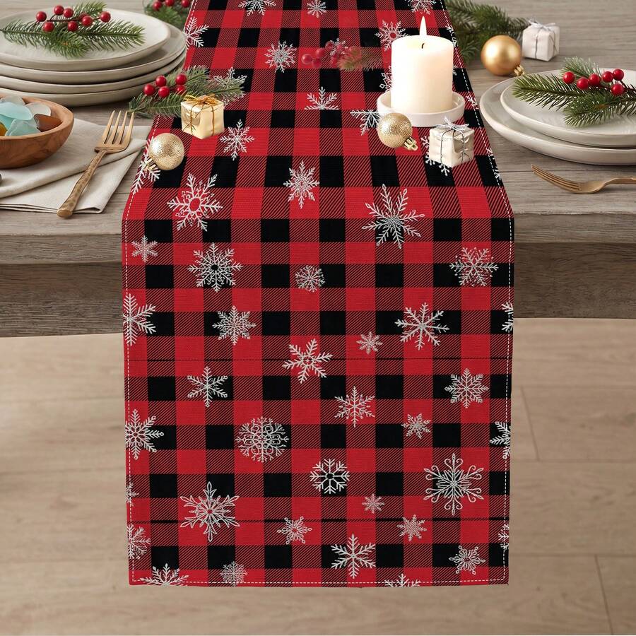 1pc Christmas Snowflake Plaid Print Table Runner, Suitable For Holiday, Party, Dinner, Restaurant Table Decor, Home Autumn/Winter Decoration - Multicolor - View 1