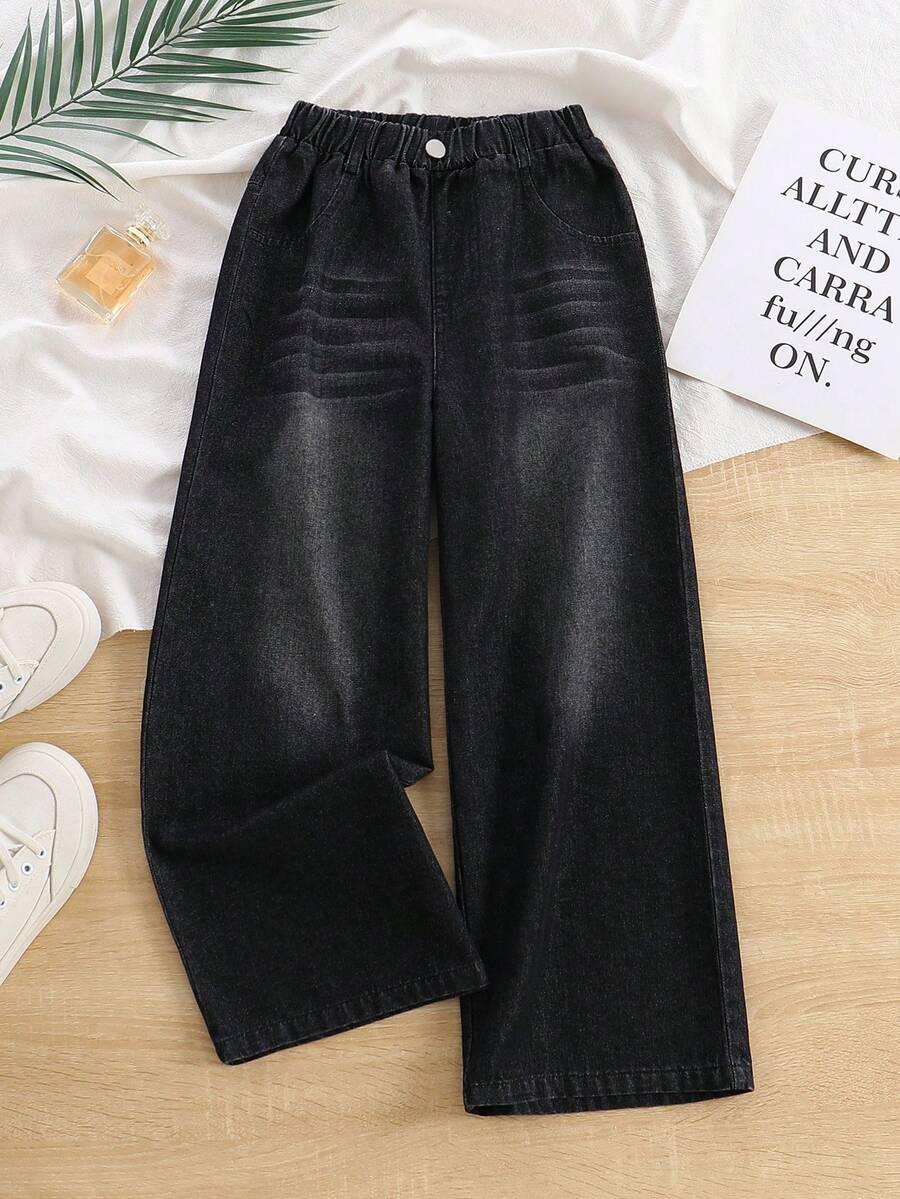 Girls' Black Denim Jeans, Fashion Casual Versatile Style, Cat Whisker Wash Effect, Wide Leg Long Pants, Suitable For Spring, Summer, Autumn, Winter - Black - View 1