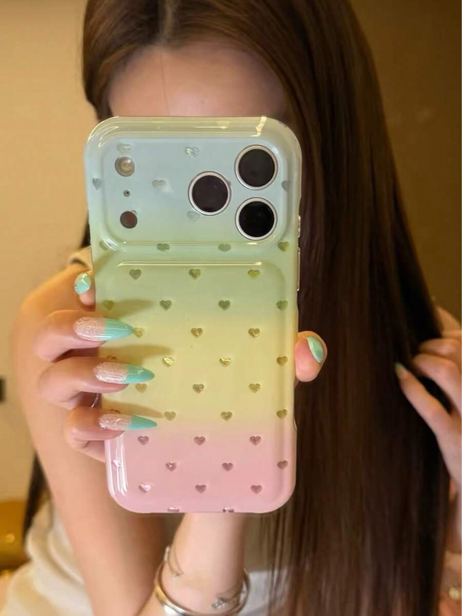 甜美彩虹漸層金心手機殼,適用於 Apple 17 Pro Max、16 Pro、16、17 Pro、15 Pro,附鏈條,全包覆雙層防震手機保護殼 - 彩色 - 查看 1