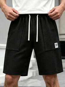 Men Waffle Knit Casual Shorts Comfort Fabric Elastic Drawstring Waist Patch Label Side Pockets Loose Fit Summer Streetwear Athletic Workout Black - Black - View 7