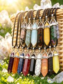 Random 1/10/15/20/30/50/100pcs Vibrant Chakra Crystal Pendants With Durable Leather Chain + Multi-Color Gemstone Set With Hexagonal Quartz, Energy Balance, Ideal Gift Choice - Multicolor - View 7