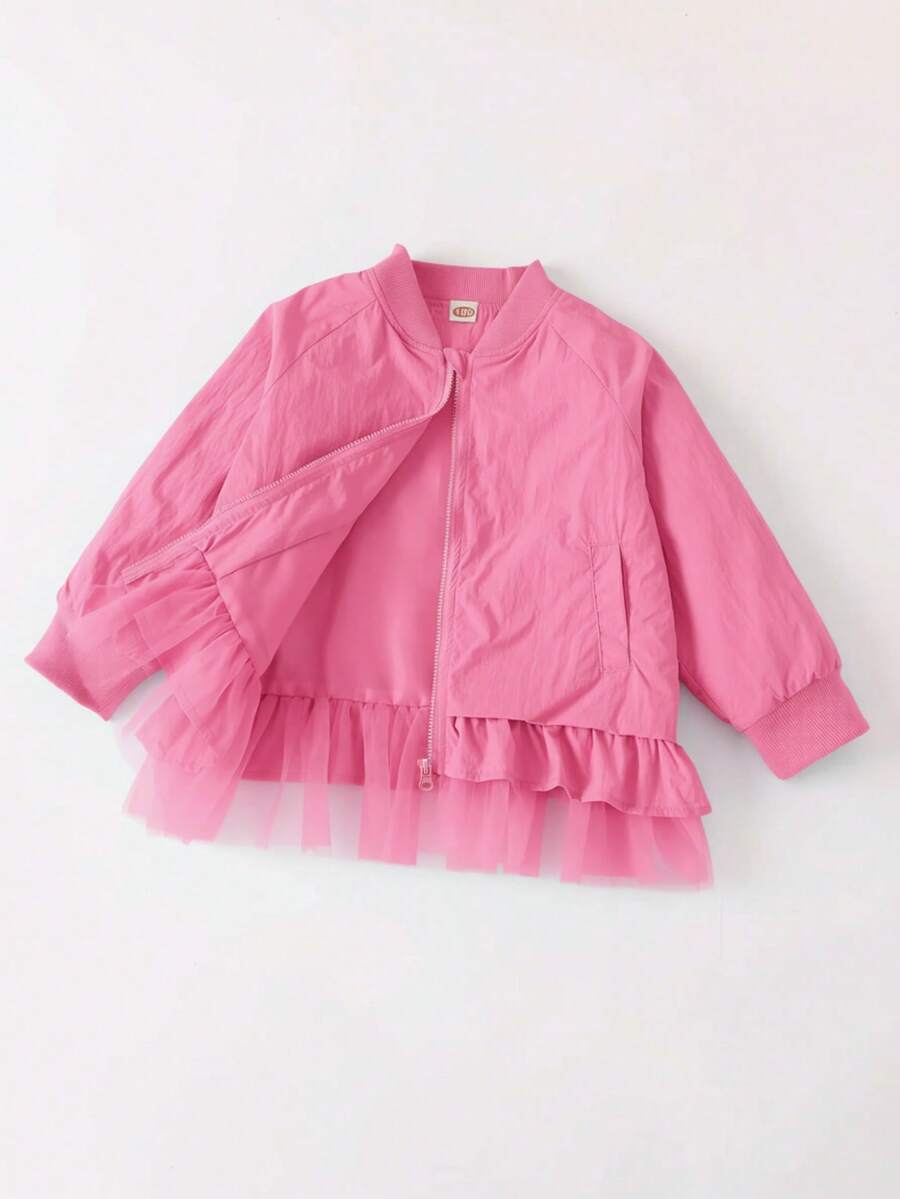 女童可愛外套 春/秋長袖時尚復古運動衫 青少女夾克防風外套 羅根袖網格拼接薄款外衣 - 西瓜粉 - 查看 1