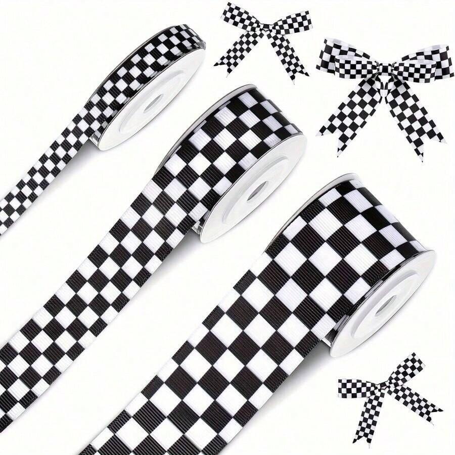 1Roll Black & White Plaid Ribbon, Suitable For Racing Theme Decoration And Gift Wrapping, Suitable For Christmas, Valentine's Day, Wedding, Gift Wrapping, Holiday Art Design, Multi-Purpose Decorative Ribbon, Perfect Choice For Thanksgiving - Multiple Styles - View 1