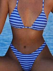 Women's Basic Striped Print Swimsuit, Suitable For Various Occasions From Pool To Beach In Summer, Daily Mini Triangle Bikini Beach Outfit Vacation - Blue - View 1