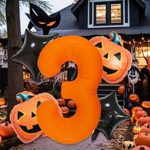 Halloween Pumpkin Pentagram Fluorescent Orange Number Foil Balloon Set, Includes 0-9 Orange Fluorescent Foil Number Balloons, Black Pentagram Foil Balloons, Halloween Pumpkin Foil Balloons, Suitable For Halloween Party Decoration, Trick Or Treat Holiday Party Decoration, Outdoor Halloween Backdrop, Holiday Decoration Supplies - Multicolor - View 1