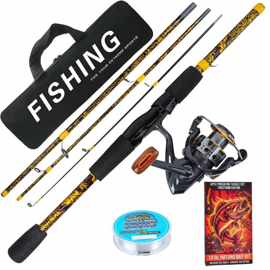 KecchKrezing 4-Section Dragon Pattern Printed Straight Handle Lure Fishing Rod Set, Spinning Reel Full Fishing Tackle, Includes Fishing Line, Lures, Beginner Freshwater Fishing Gear, Matching Portable Storage Bag