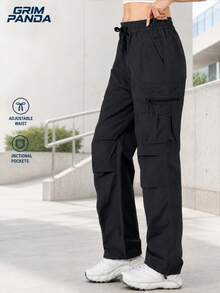 GRIM PANDA 1pc Women's Quick-Dry UPF Sun Protection Cargo Pants With Drawstring Waist, Shell Outdoor Hiking Running Travel Sports Pants Black Fall - Black - View 3