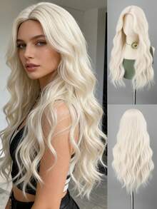 Wig Panjang Bergelombang Warna Krem Emas 28 Inci dengan Belahan Tengah, Wig Rambut Keriting Pirang Platinum Sintetis Tahan Panas, Cocok untuk Pemakaian Sehari-hari Wanita, Pesta, dan Cosplay - MultiWarna - View 1
