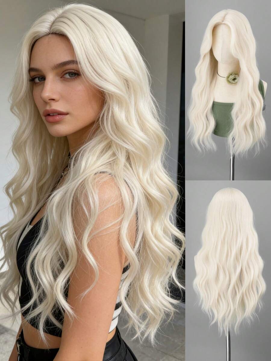 Wig Panjang Bergelombang Warna Krem Emas 28 Inci dengan Belahan Tengah, Wig Rambut Keriting Pirang Platinum Sintetis Tahan Panas, Cocok untuk Pemakaian Sehari-hari Wanita, Pesta, dan Cosplay - MultiWarna - View 1