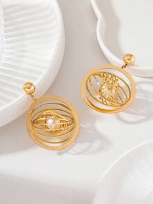 Gold Hollow Bird Nest Pearl Earrings | 3D Geometric Line Design | European And American Exaggerated Personalized Ear Jewelry - Gold - View 5