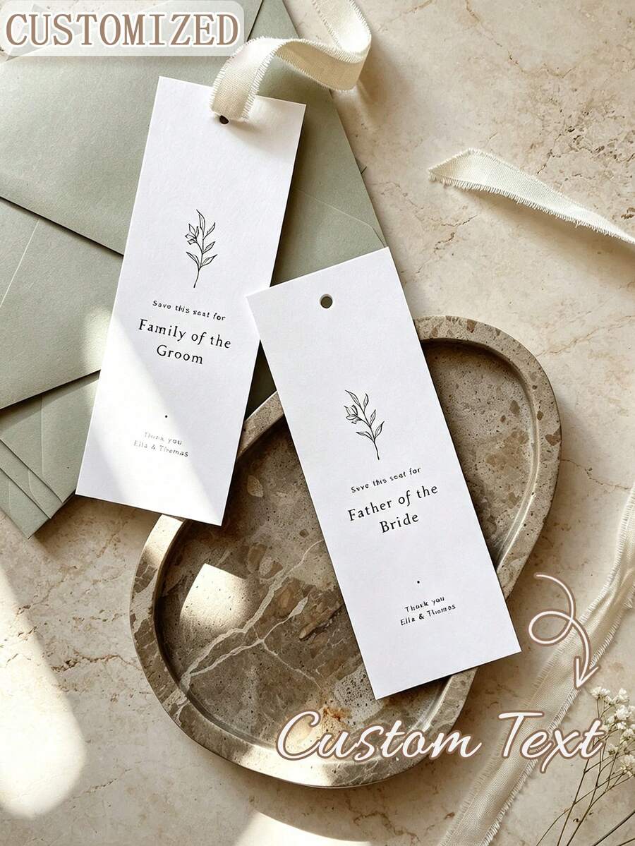 客製化文字婚禮預留座位卡,極簡植物線條藝術 Save The Date 椅背掛卡,附絲綢緞帶的個性化婚禮儀式座位標籤,適用於新娘、新郎、家人與賓客的婚禮接待預留座位卡 - 彩色 - 查看 1