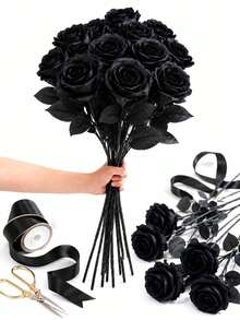 Black Artificial Roses, Long Stem Artificial Silk Roses, Perfect For Holiday Party Vase Decor, Home Wedding And Birthday Party Table Decoration (Black) - Multicolor - View 1