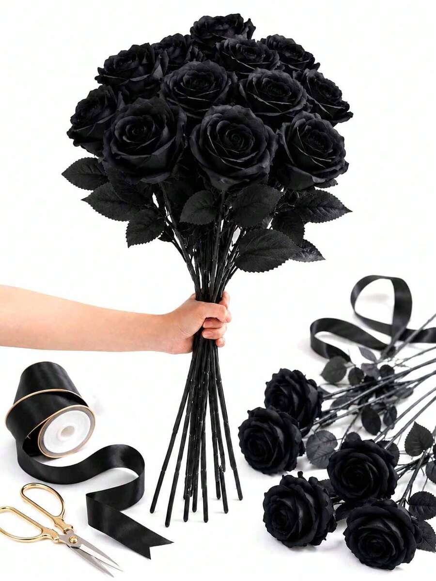 Black Artificial Roses, Long Stem Artificial Silk Roses, Perfect For Holiday Party Vase Decor, Home Wedding And Birthday Party Table Decoration (Black) - Multicolor - View 1