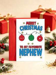 1張附信封聖誕卡「Merry Christmas To My Favourite Nephew」亮眼字體節慶卡，送給姪子/外甥與家人的節日禮物，內頁空白 - A - 查看 1